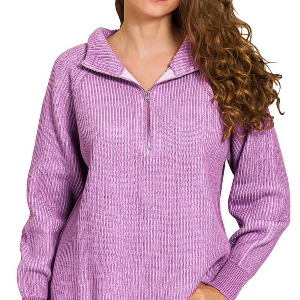 Zenana Ribbed‎ Two Tone Half Zip Sweater